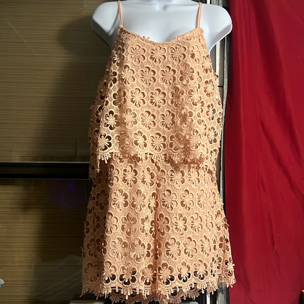 Cute peach colored flower crocheted one piece short outfit